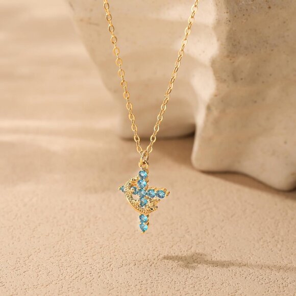 Perfect Gifts Women's Crown M03 Blue Cross Necklace Gold Plated Faith Jewelry - Picture 5 of 9